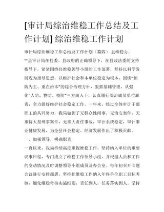 [审计局综治维稳工作总结及工作计划] 综治维稳工作计划