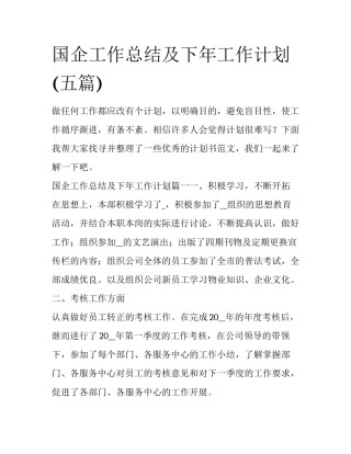 国企工作总结及下年工作计划(五篇)