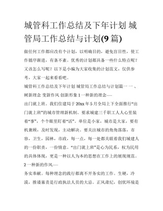 城管科工作总结及下年计划 城管局工作总结与计划(9篇)