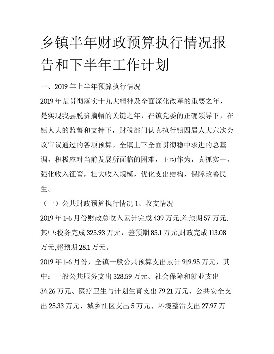 乡镇半年财政预算执行情况报告和下半年工作计划_第1页