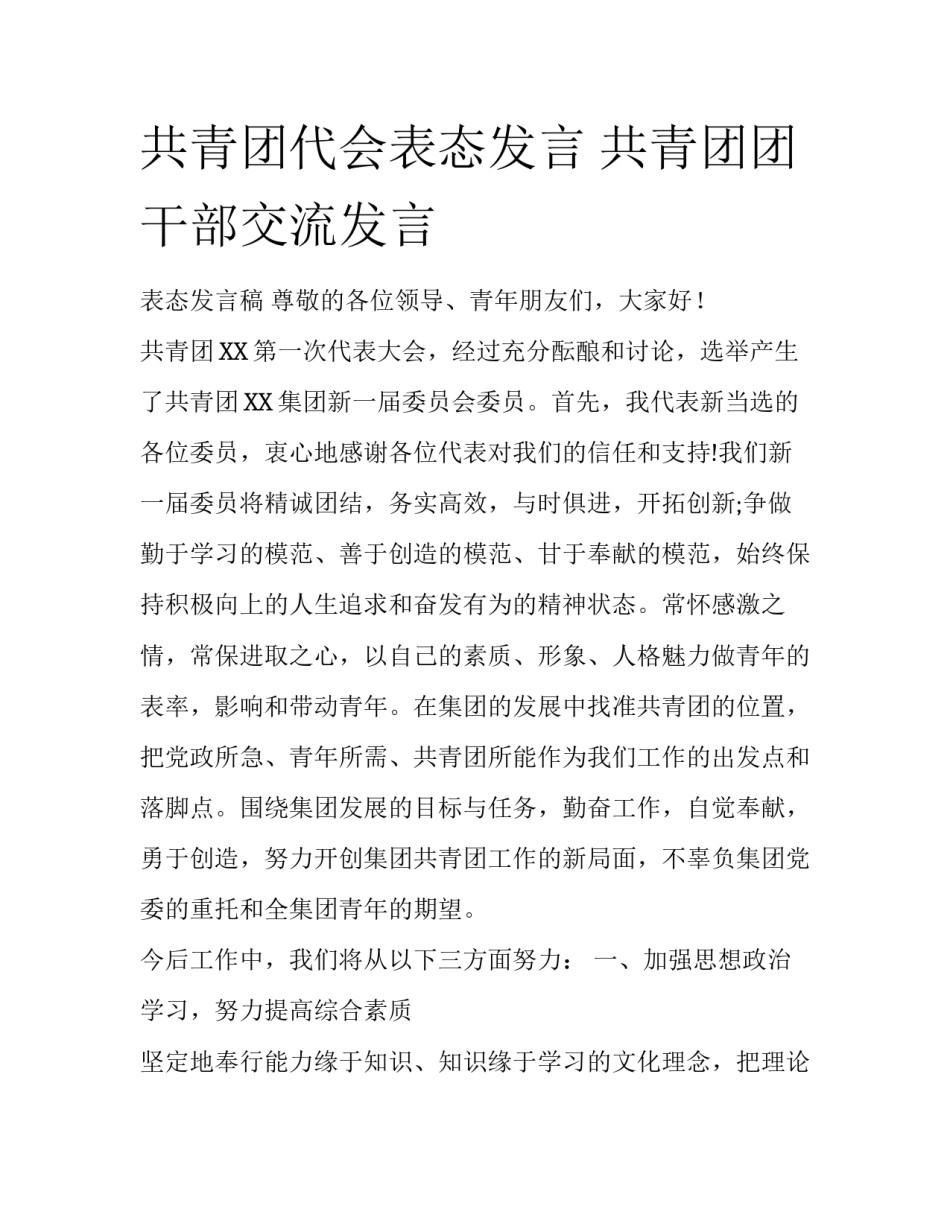共青团代会表态发言 共青团团干部交流发言_第1页