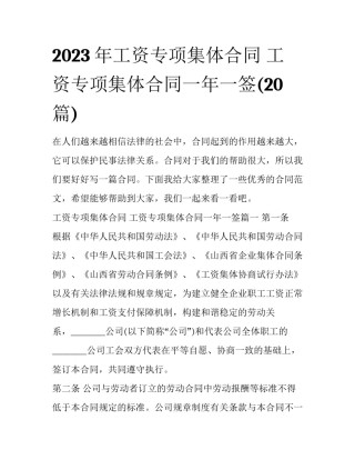 2023年工资专项集体合同 工资专项集体合同一年一签(20篇)