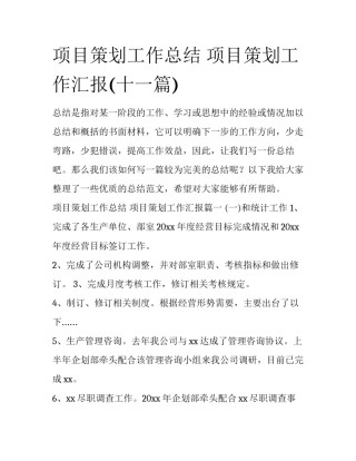 项目策划工作总结 项目策划工作汇报(十一篇)