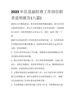 2023年信息副经理工作岗位职责说明报告(八篇)