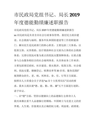 市民政局党组书记、局长2019年度德能勤绩廉述职报告