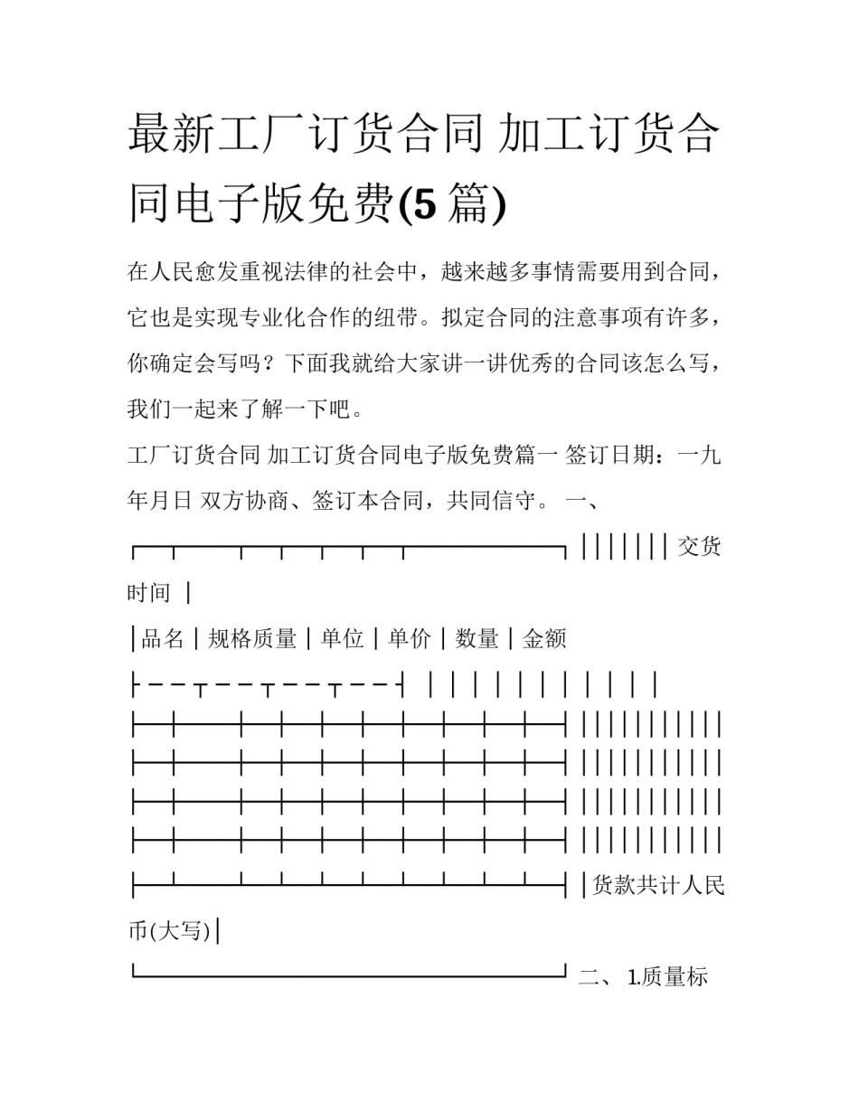 最新工厂订货合同 加工订货合同电子版免费(5篇)_第1页