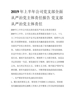 2019年上半年公司党支部全面从严治党主体责任报告 党支部从严治党主体责任