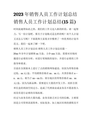 2023年销售人员工作计划总结 销售人员工作计划总结(15篇)