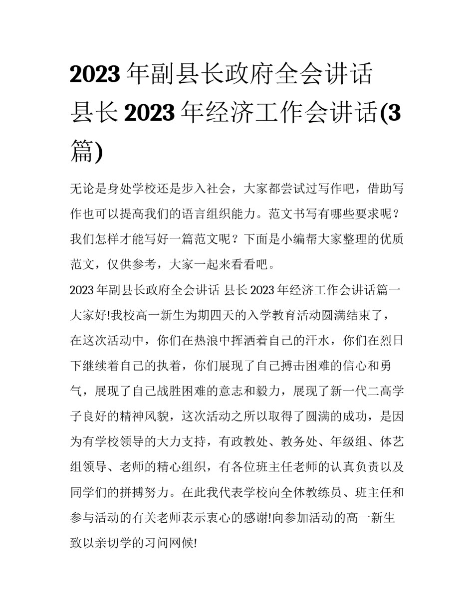 2023年副县长政府全会讲话 县长2023年经济工作会讲话(3篇)_第1页