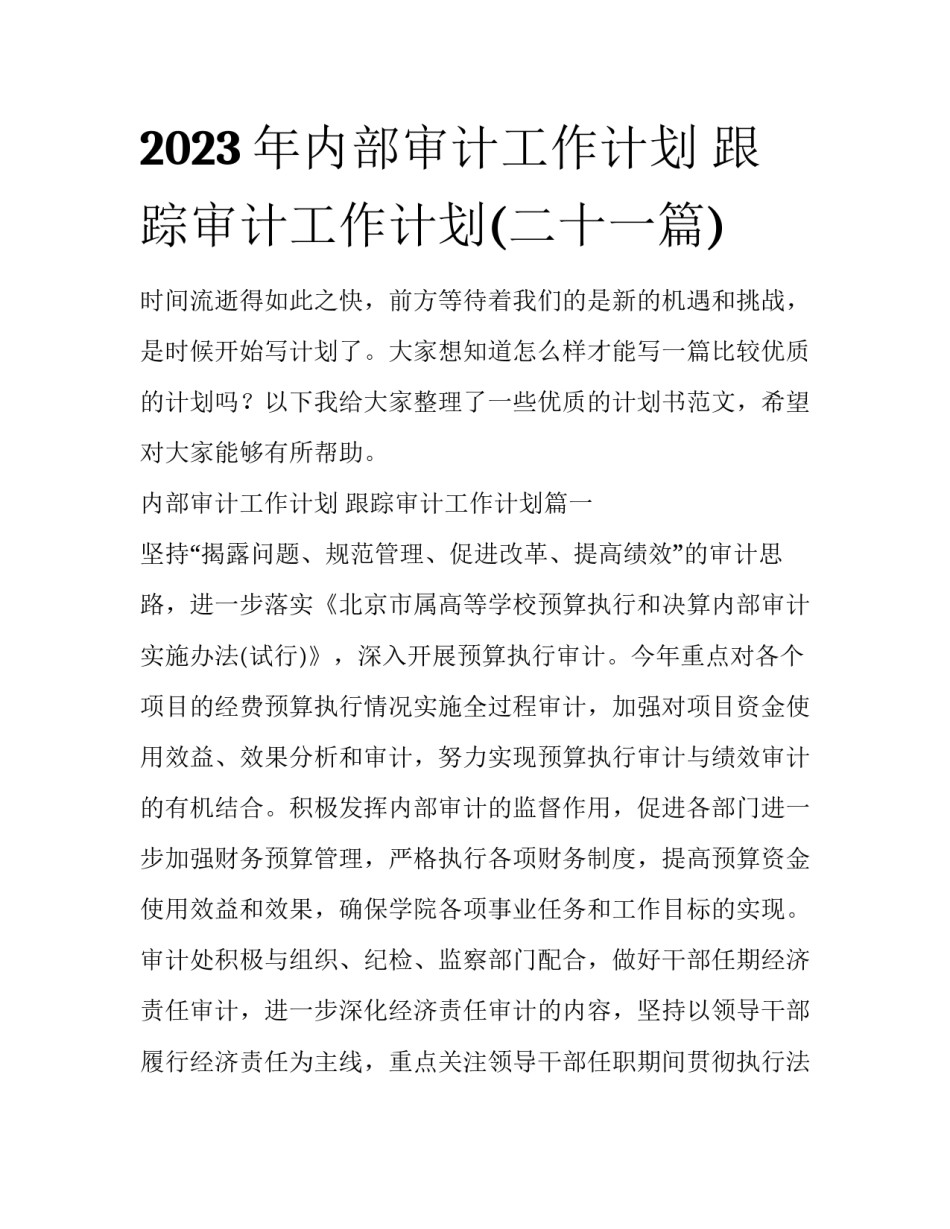 2023年内部审计工作计划 跟踪审计工作计划(二十一篇)_第1页