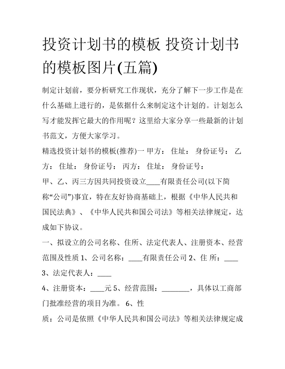 投资计划书的模板 投资计划书的模板图片(五篇)_第1页