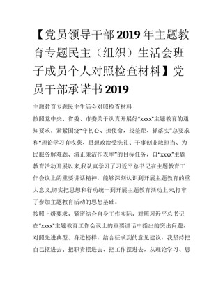【党员领导干部2019年主题教育专题民主（组织）生活会班子成员个人对照检查材料】党员干部承诺书2019