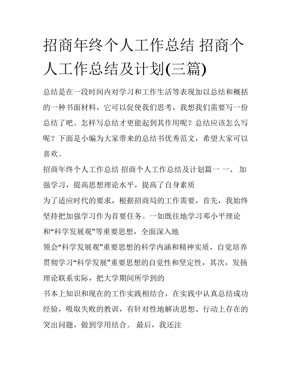 招商年终个人工作总结 招商个人工作总结及计划(三篇)_第1页