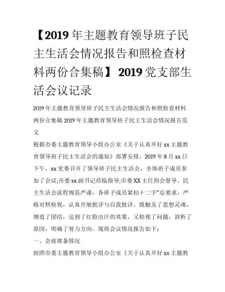 【2019年主题教育领导班子民主生活会情况报告和照检查材料两份合集稿】 2019党支部生活会议记录