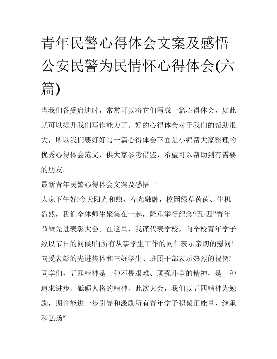 青年民警心得体会文案及感悟 公安民警为民情怀心得体会(六篇)_第1页