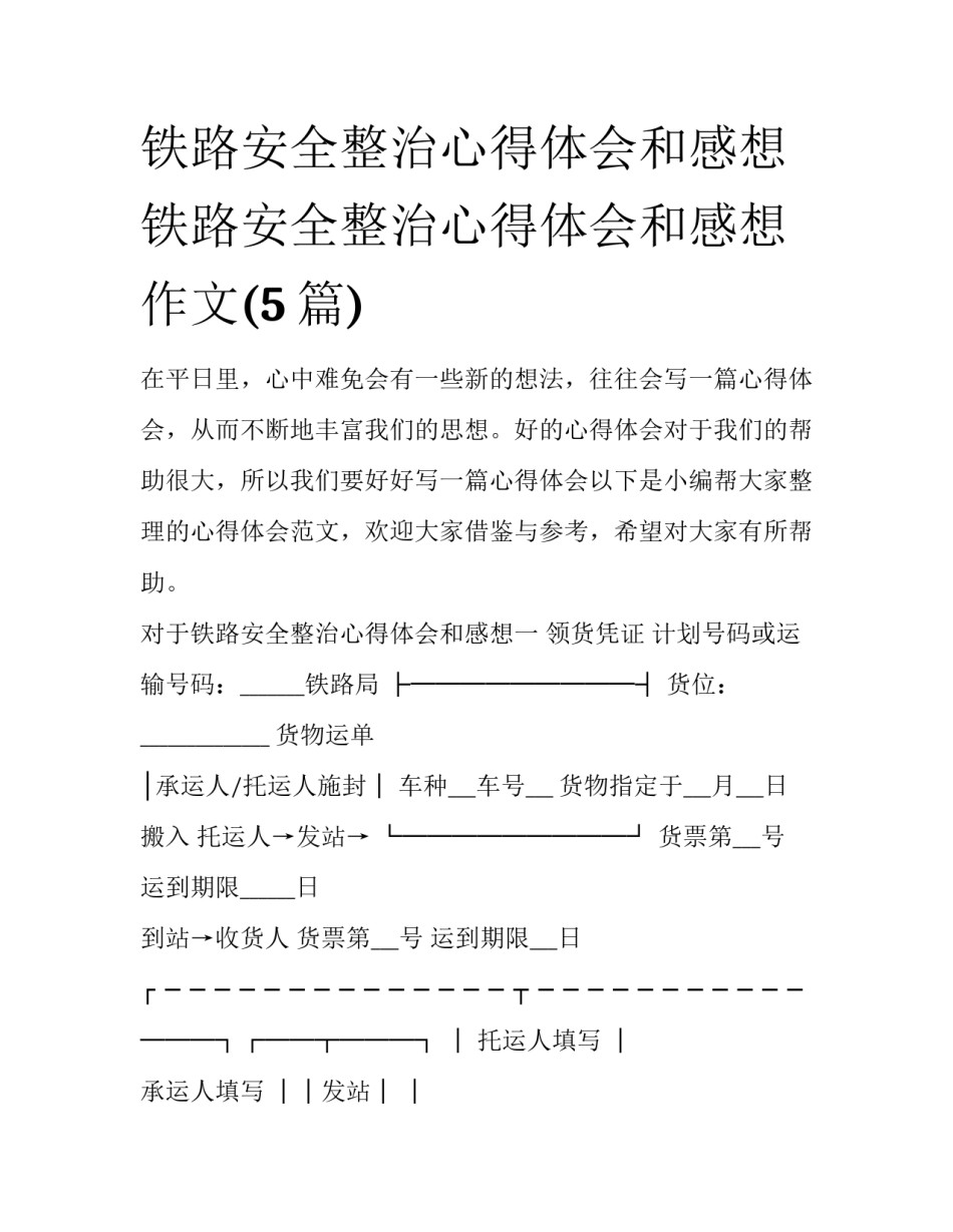 铁路安全整治心得体会和感想 铁路安全整治心得体会和感想作文(5篇)_第1页