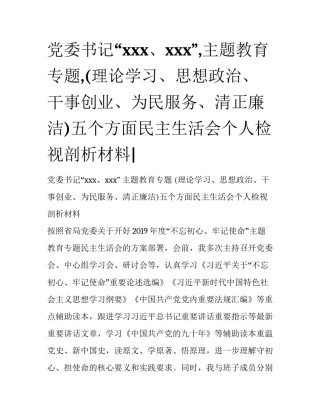 党委书记“xxx、xxx”,主题教育专题,(理论学习、思想政治、干事创业、为民服务、清正廉洁)五个方面民主生活会个人检视剖析材料|