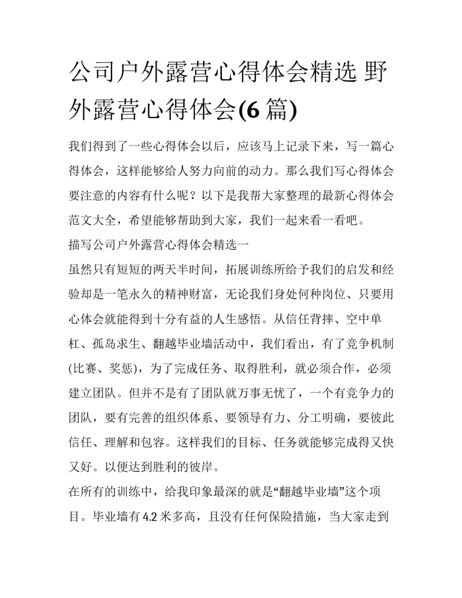 公司户外露营心得体会精选 野外露营心得体会(6篇)_第1页