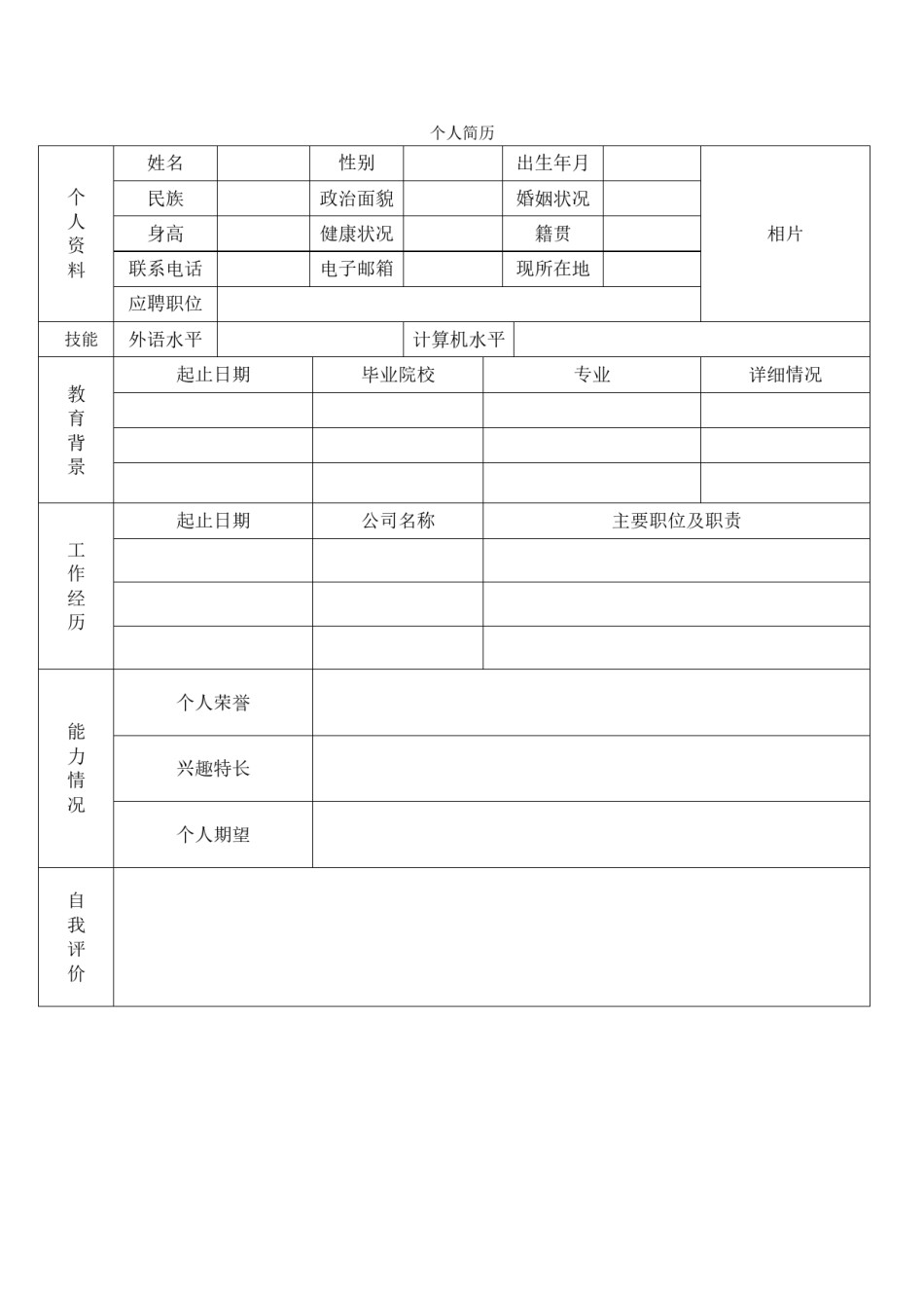 空白标准表格单页个人简历 (2).doc_第1页
