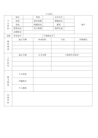空白标准表格单页个人简历 (2).doc