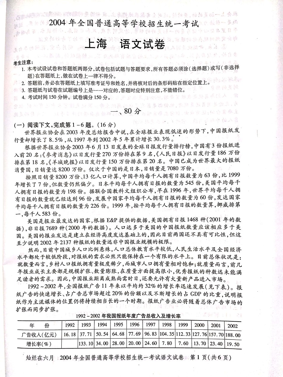 2004年上海高考语文真题试卷（PDF版）.pdf_第1页