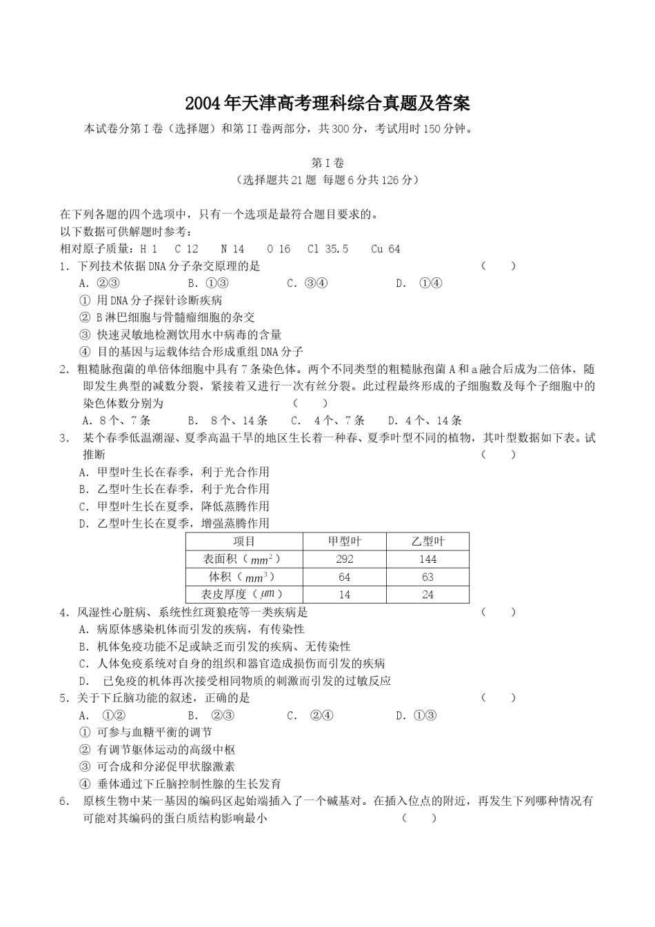 2004年天津高考理科综合真题及答案.doc_第1页