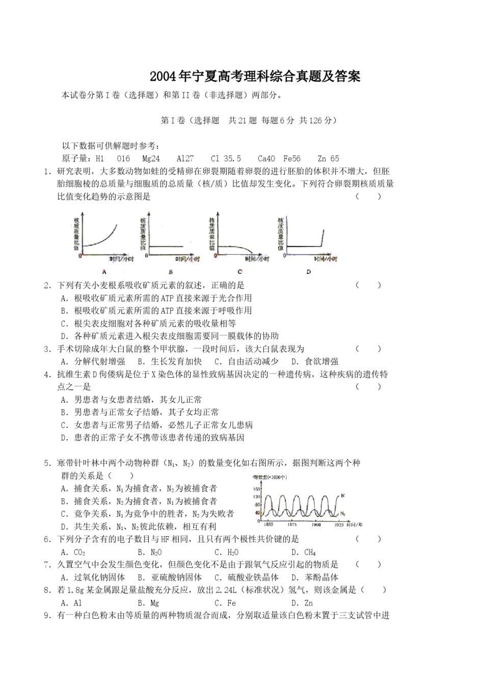 2004年宁夏高考理科综合真题及答案.doc_第1页