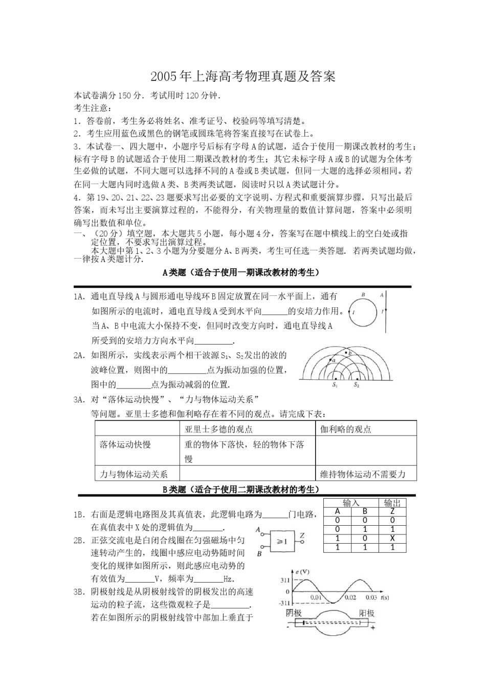 2005年上海高考物理真题及答案.doc_第1页