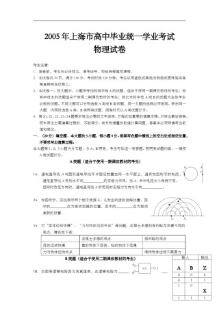 2005年上海市高中毕业统一学业考试物理试卷（原卷版）.doc