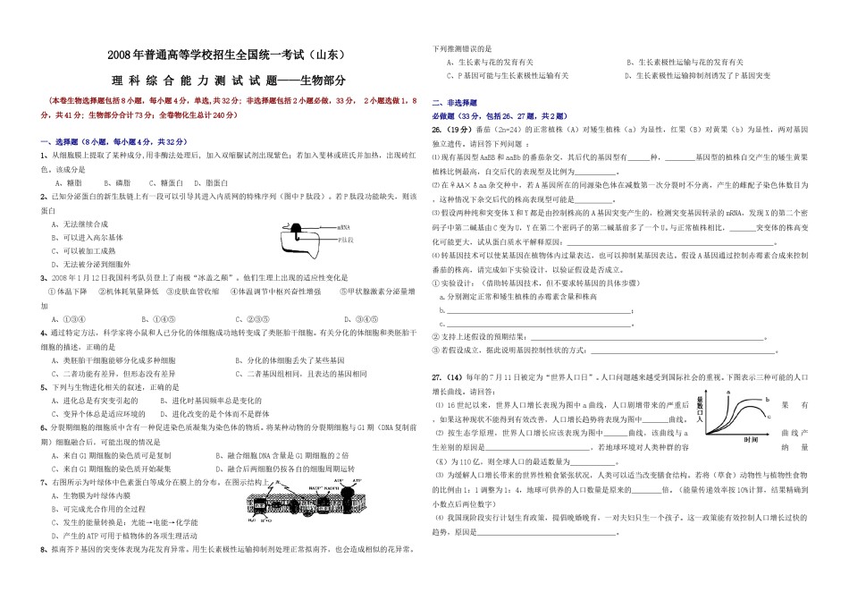 2008年高考真题 生物(山东卷)（原卷版）.doc_第1页