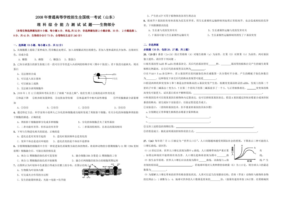 2008年高考真题 生物(山东卷)（原卷版）.pdf_第1页
