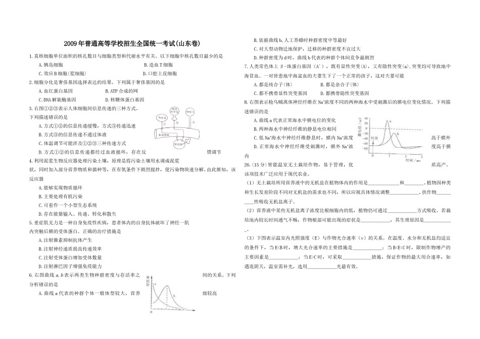 2009年高考真题 生物(山东卷)（原卷版）.doc_第1页