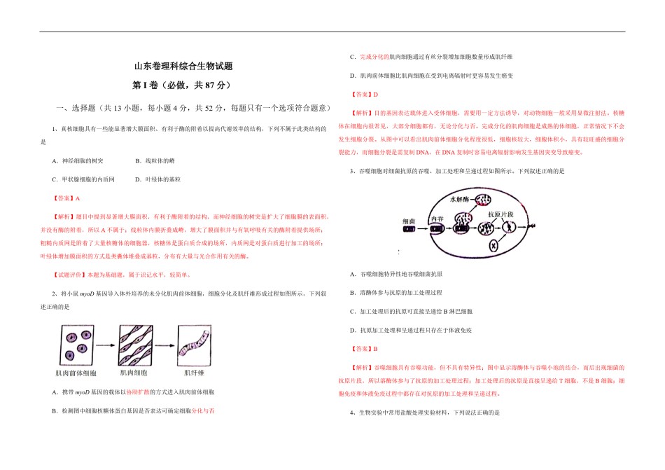 2013年高考真题 生物(山东卷)（含解析版）.pdf_第1页