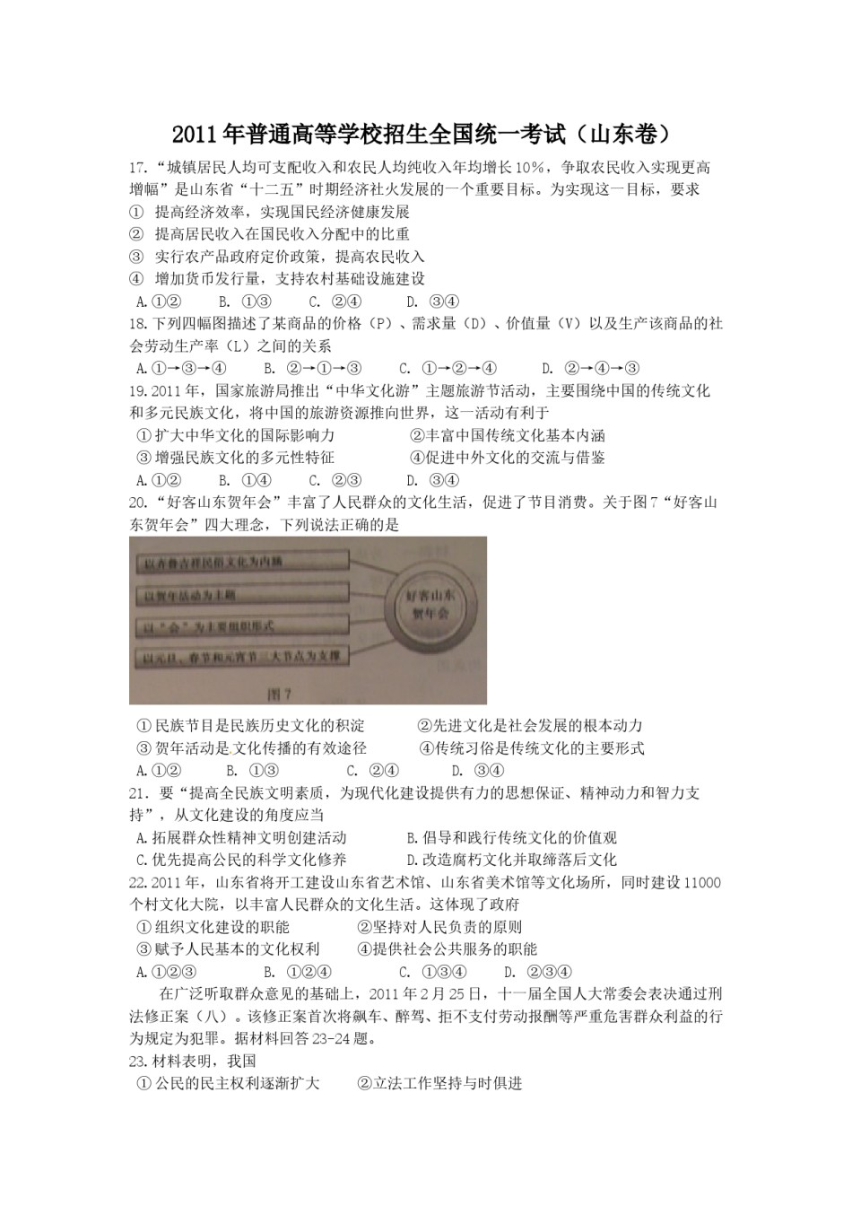 2011年高考真题 政治(山东卷)（原卷版）.doc_第1页