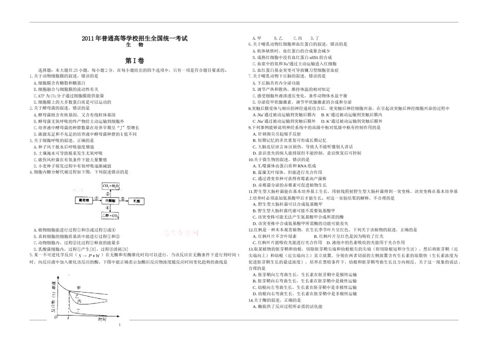 2011年高考海南卷生物（原卷版）.doc_第1页