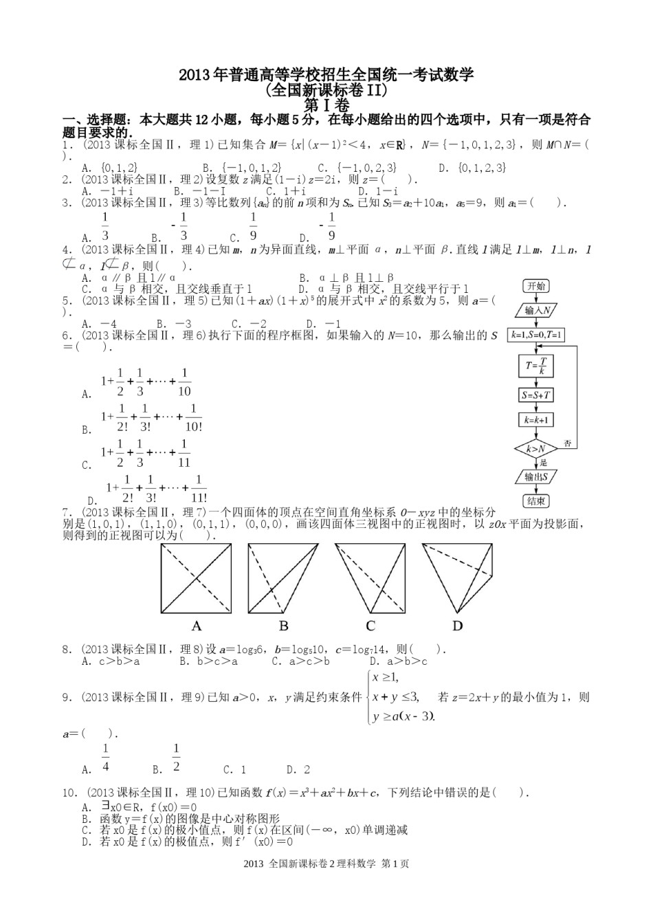 2013年理科数学海南省高考真题含答案.doc_第1页