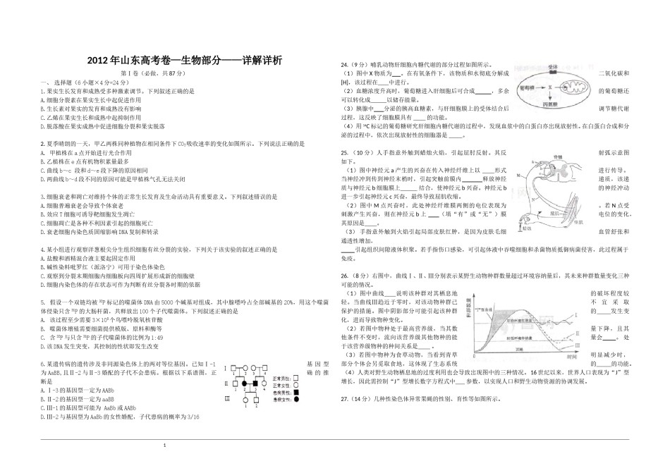 2012年高考真题 生物(山东卷)（原卷版）.doc_第1页
