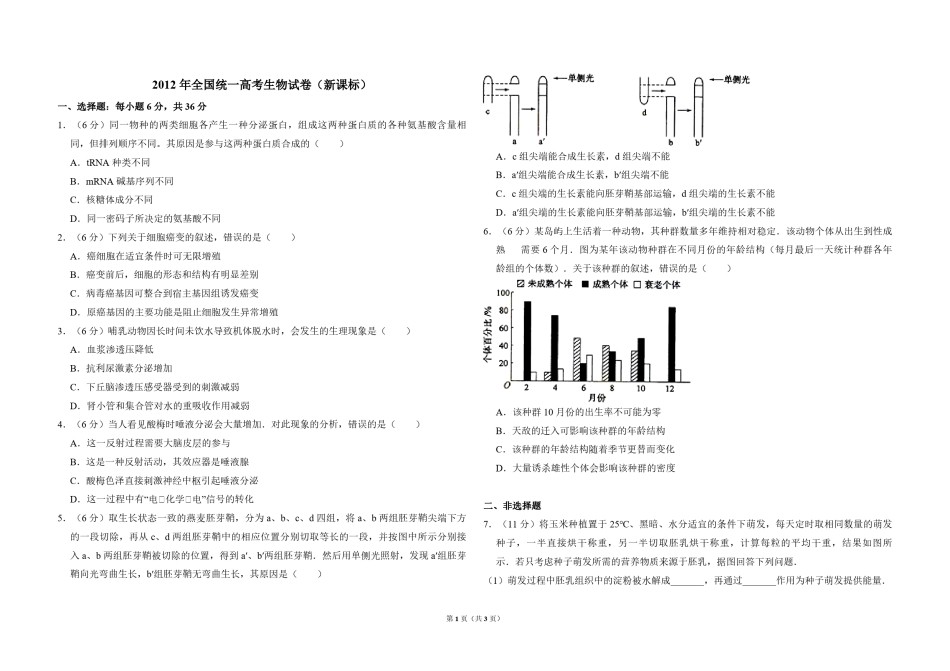 2012年全国统一高考生物试卷（新课标）（原卷版）.pdf_第1页
