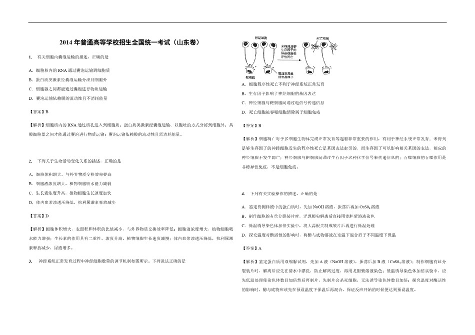 2014年高考真题 生物(山东卷)（含解析版）.pdf_第1页