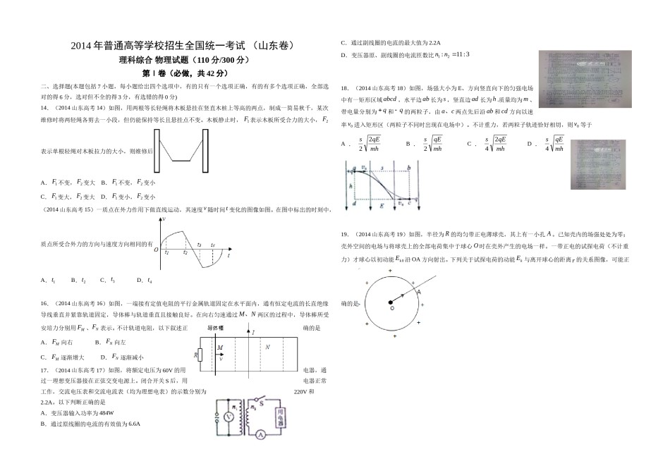 2014年高考真题 物理（山东卷)（含解析版）.doc_第1页