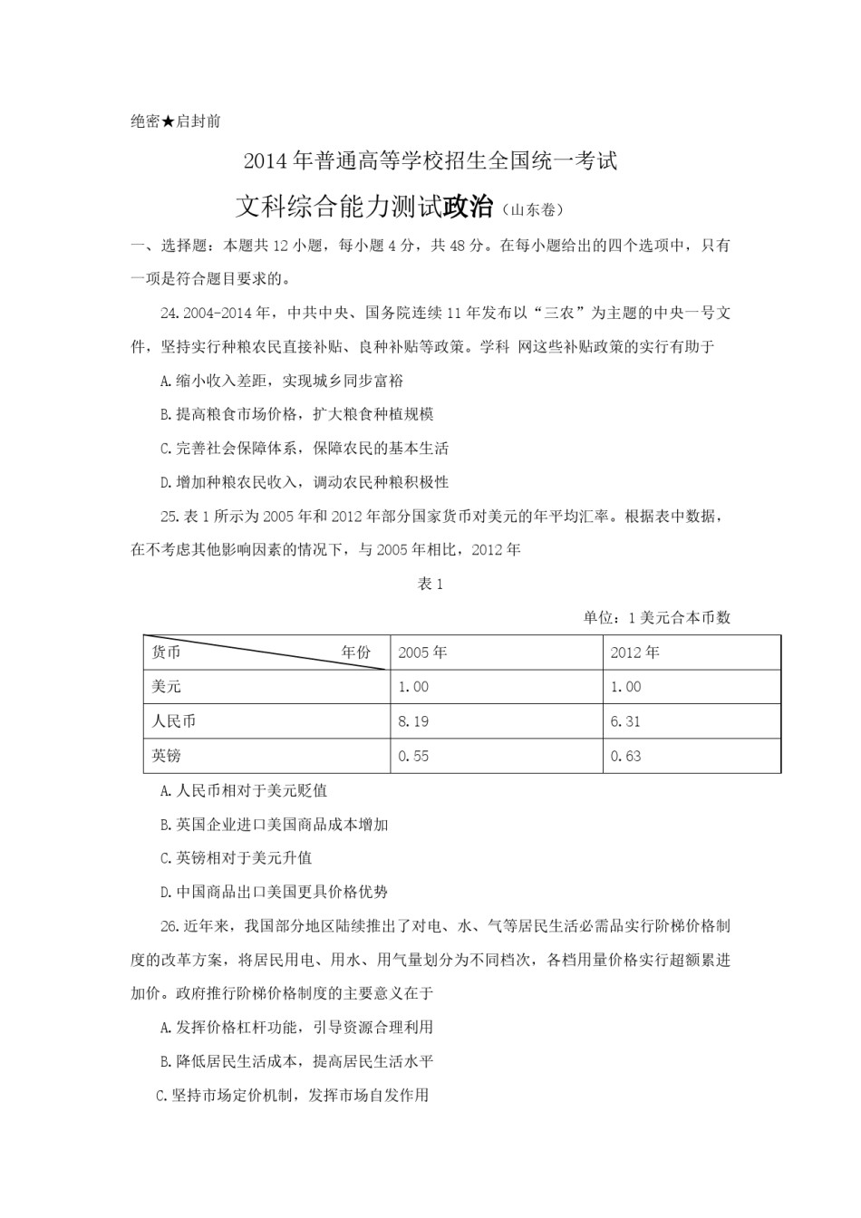 2014年高考真题 政治(山东卷)（原卷版）.pdf_第1页