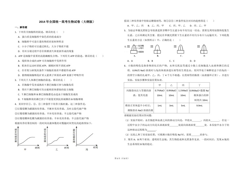 2014年全国统一高考生物试卷（大纲版）（原卷版）.pdf_第1页