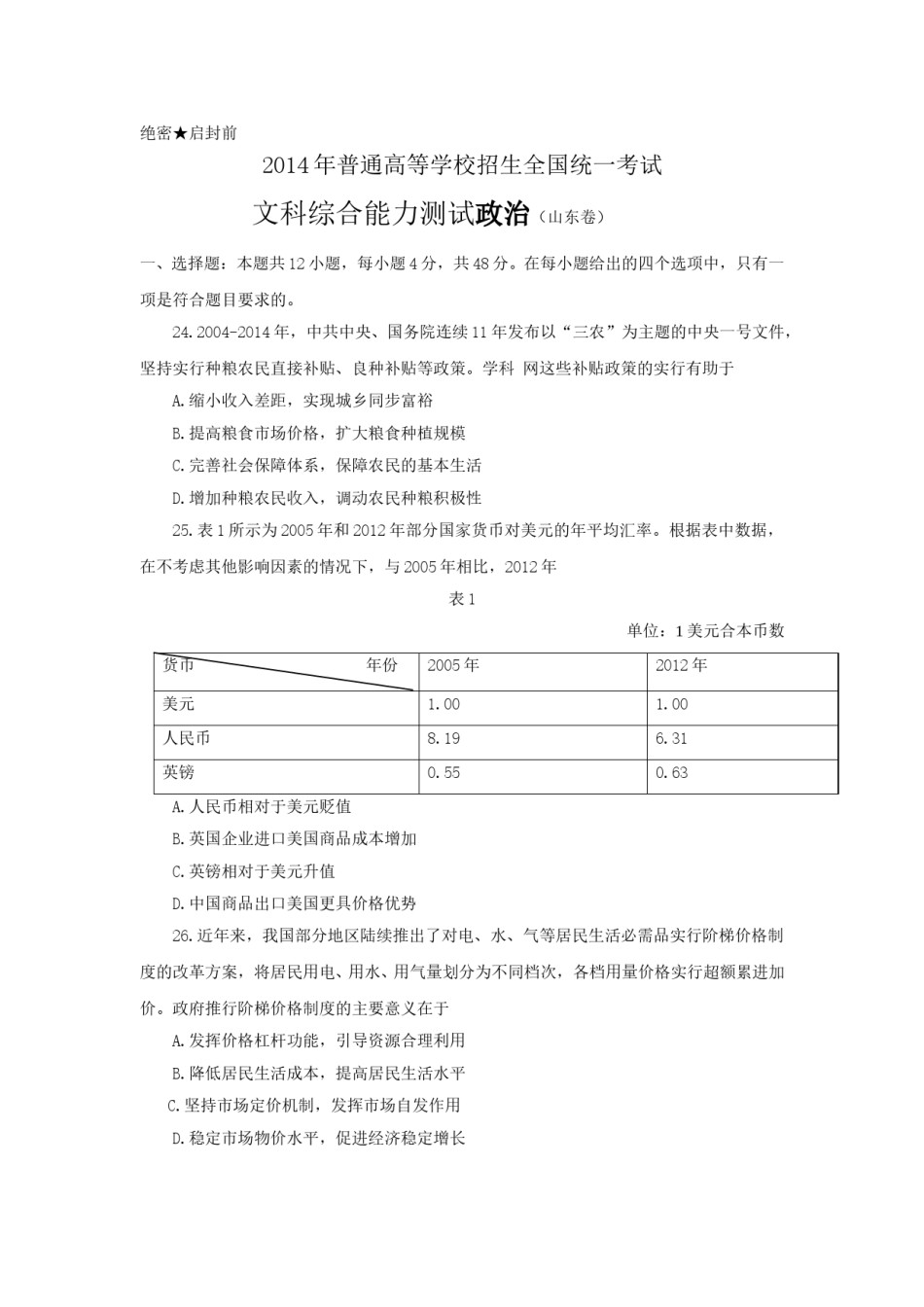 2014年高考真题 政治(山东卷)（含解析版）.doc_第1页