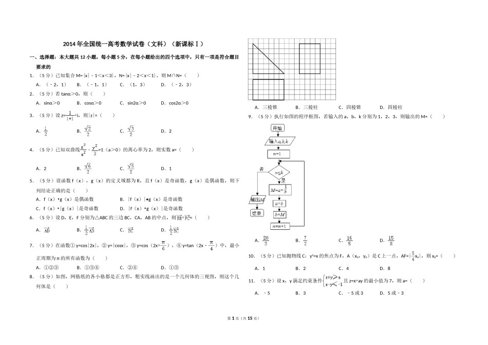 2014年全国统一高考数学试卷（文科）（新课标ⅰ）（含解析版）.doc_第1页