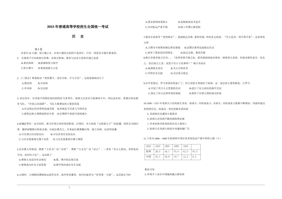 2015高考海南卷历史（原卷版）.doc_第1页