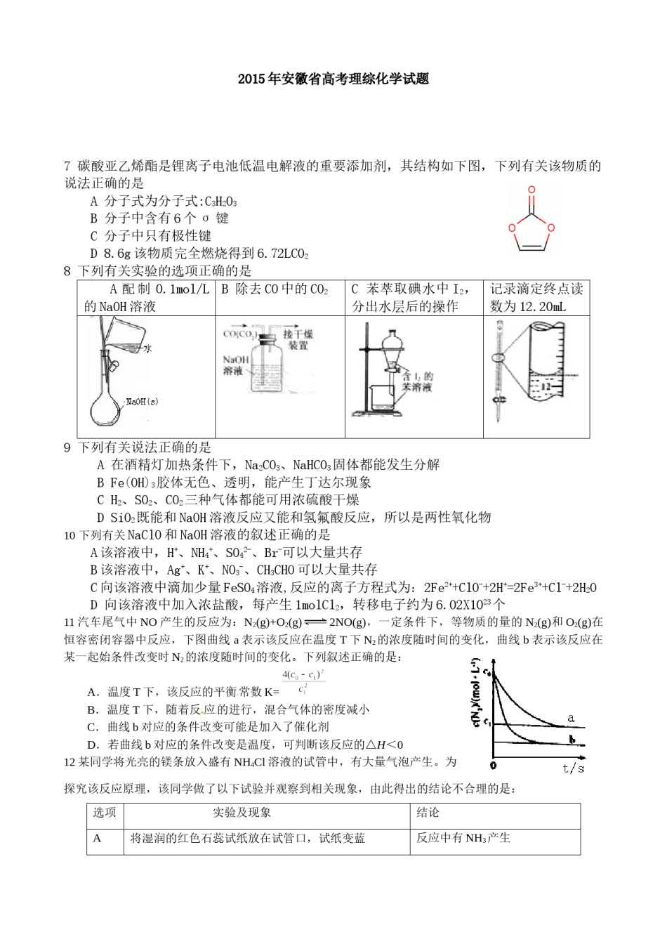 2015年安徽高考化学试卷及答案word.doc_第1页