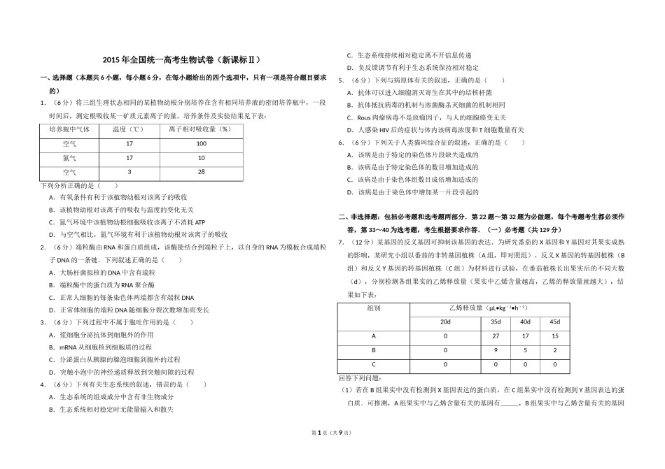 2015年全国统一高考生物试卷（新课标ⅱ）（含解析版）.doc_第1页