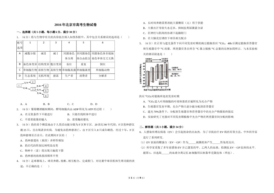 2016年北京市高考生物试卷（含解析版）.doc_第1页