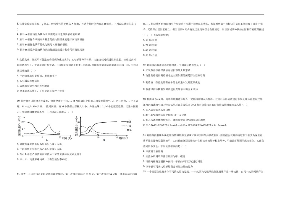 2021年高考真题 生物(山东卷)（原卷版）.doc_第2页