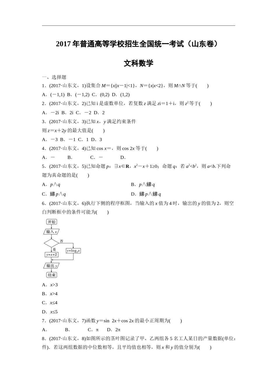 2017年高考真题数学【文】(山东卷)（含解析版）.docx_第1页